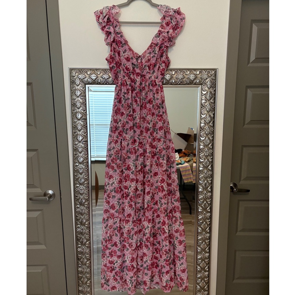 Audrey Parks Francesca's Pink Floral Ruffle Maxi Dress Gold Swiss Dot Large f5